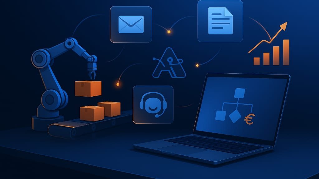 Isometrische Darstellung: Roboterarm setzt Pakete auf ein Förderband, daneben ein Laptop mit Workflow-Diagramm und ein steigendes Balkendiagramm