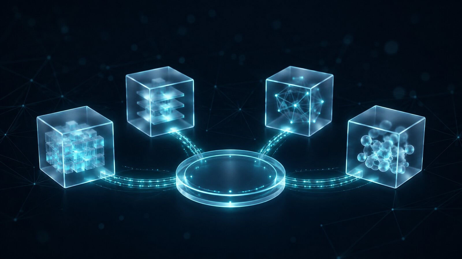 Four differently structured chatbot systems on illuminated plinths in front of a factual comparison matrix