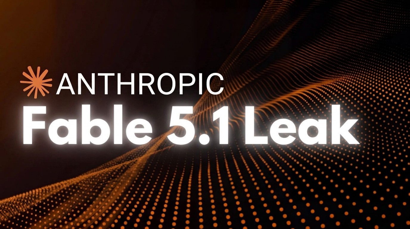 The Anthropic logo and the words Fable 5.1 Leak set against a curved ribbon of orange light dots on a dark background