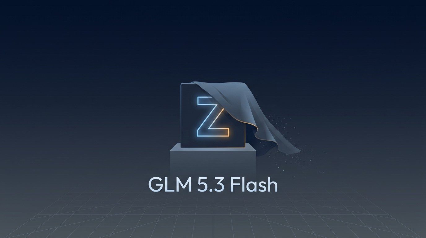 Ein zur Seite gleitendes Tuch gibt auf einem Sockel einen leuchtenden Buchstaben Z frei, darunter der Schriftzug GLM 5.3 Flash