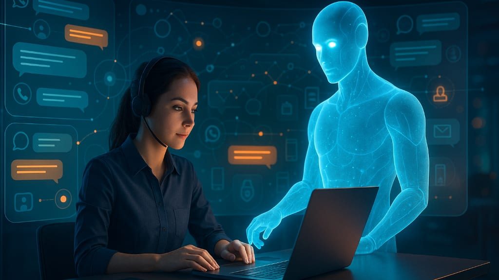 Frau mit Headset am Laptop, daneben eine blau leuchtende holografische Menschgestalt, ringsum schwebende Chatblasen und Messenger-Symbole