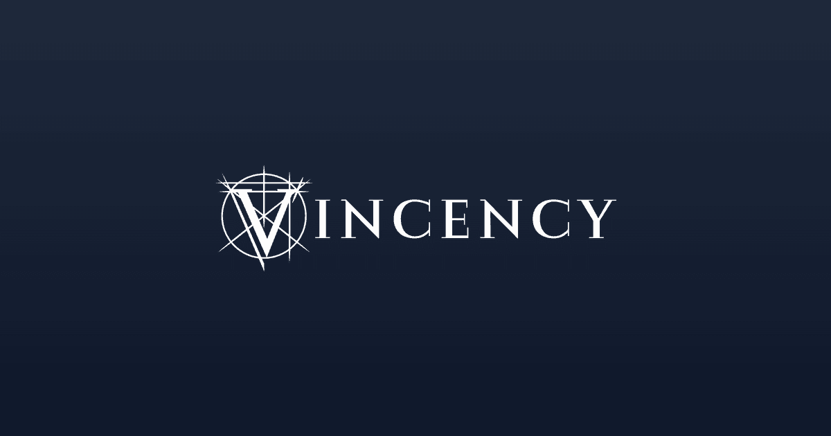 Wordmark of the Vincency brand with its diamond emblem in white on a dark blue gradient