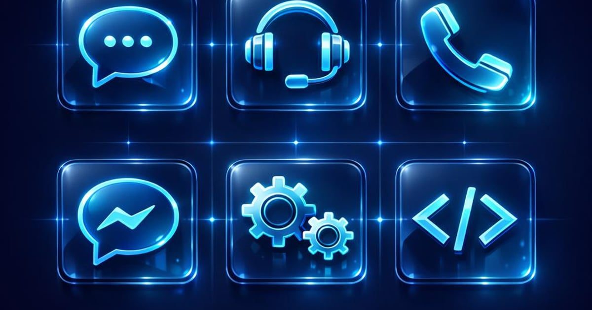 Six glass tiles in a grid bearing icons for chat, headset, telephone handset, messenger, cogwheels and code brackets