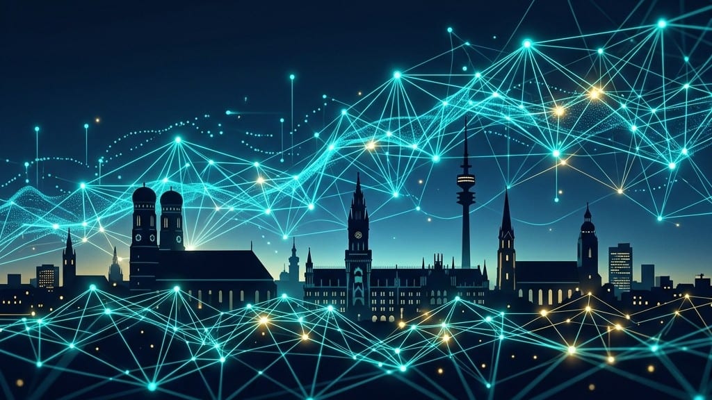 Silhouette der Münchner Skyline mit Frauenkirche, Rathaus und Olympiaturm, darüber und darunter ein türkis leuchtendes Netz aus Linien und Knotenpunkten