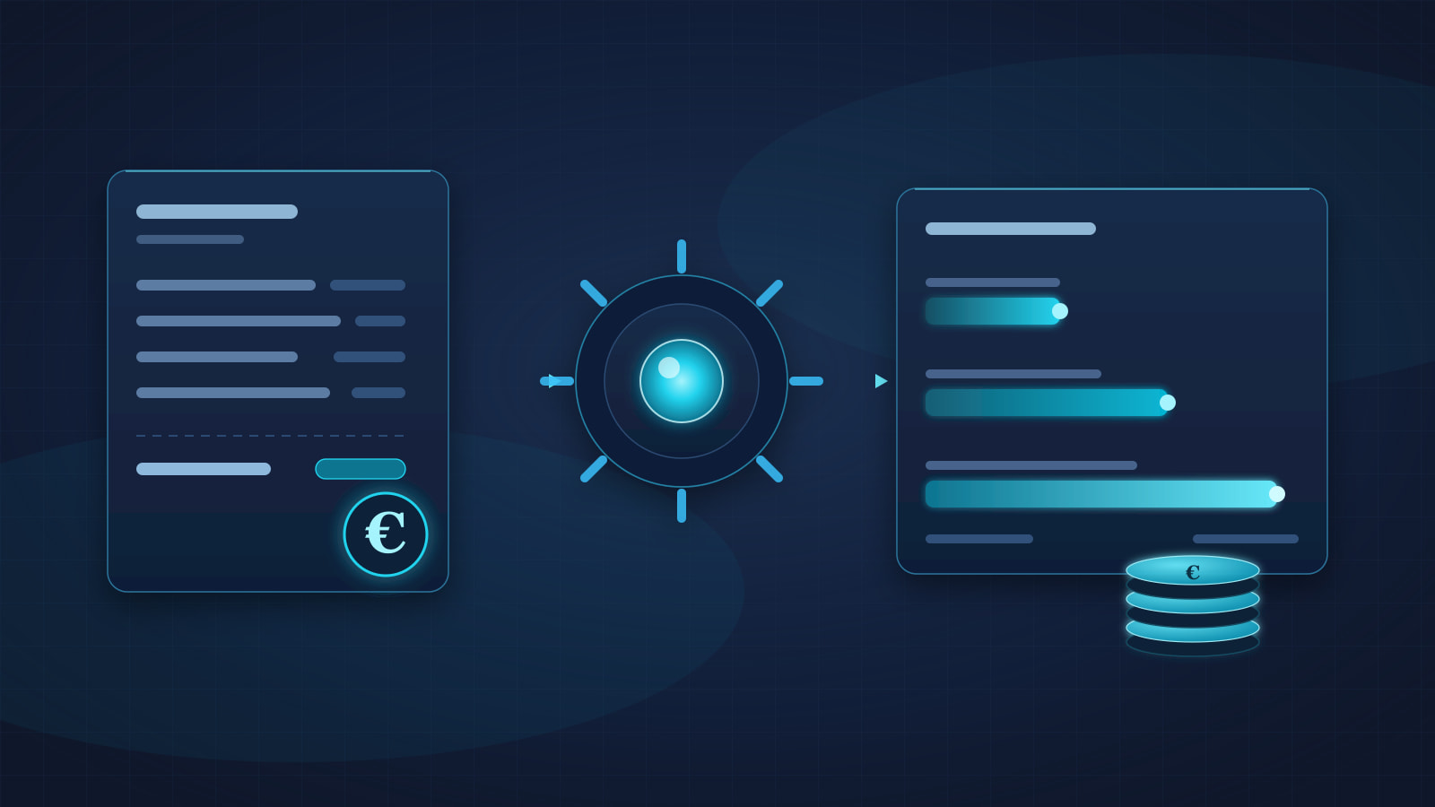 Invoice panel with a euro seal, a glowing agent node and three tiered cost bars beside a stack of coins