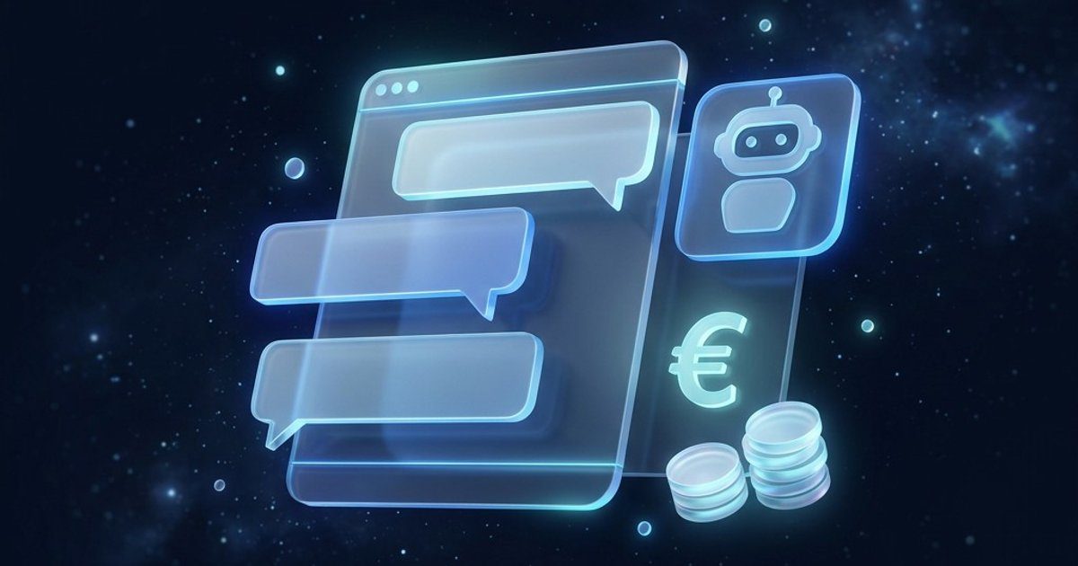 Translucent chat window with three speech bubbles beside a robot icon, a euro symbol and two stacks of coins