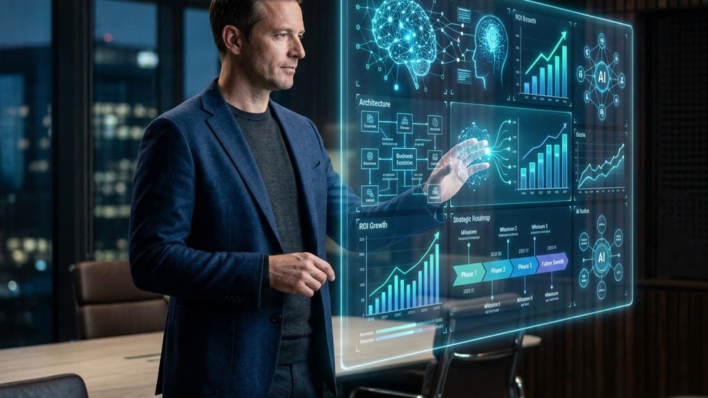 Man in a blazer standing in a meeting room before a large holographic dashboard with a brain graphic, ROI curves and a phased roadmap