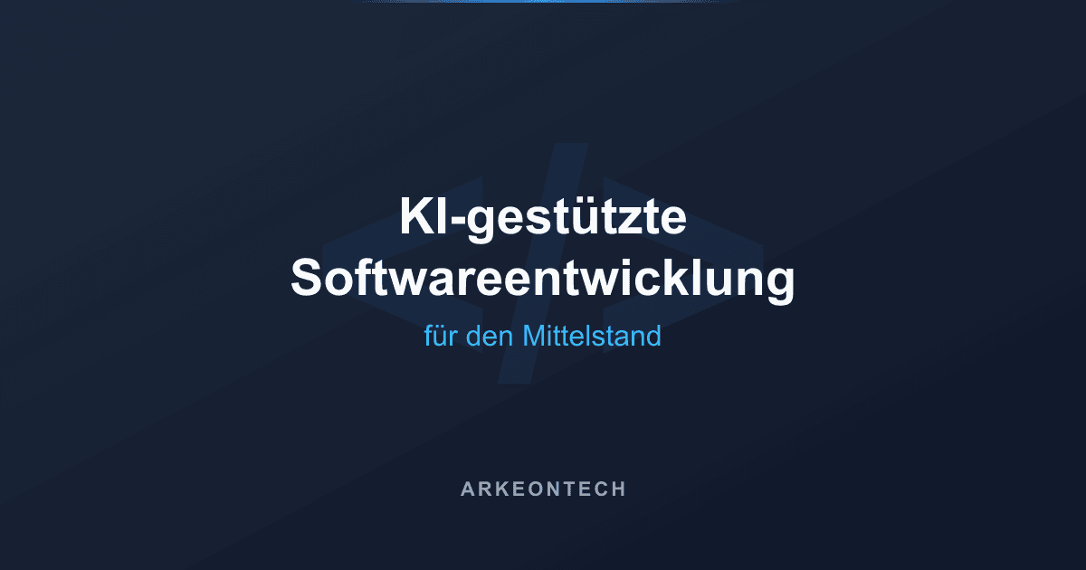 Title card reading AI-assisted software development for mid-sized companies, backed by a faint code bracket symbol above the ArkeonTech wordmark