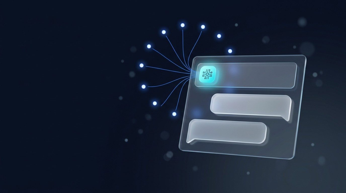 Chat window with three speech bubbles, the top one tagged with a chip icon from which lines run out to individual points of light