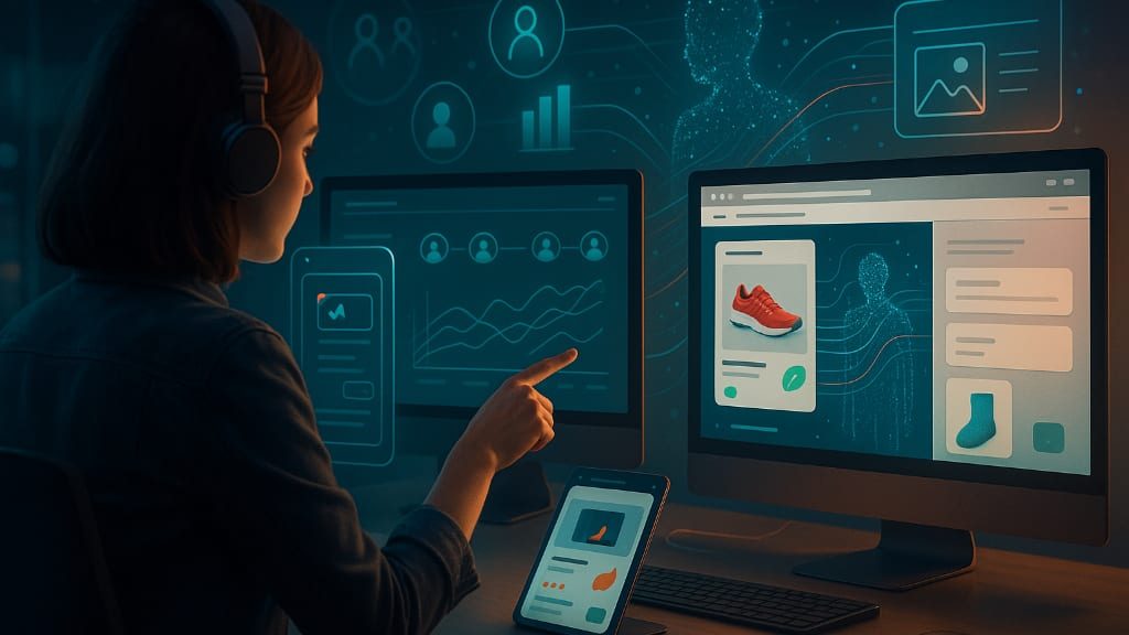 Person wearing headphones at two screens: analytics curves and user profiles on the left, a product page with a red sneaker on the right