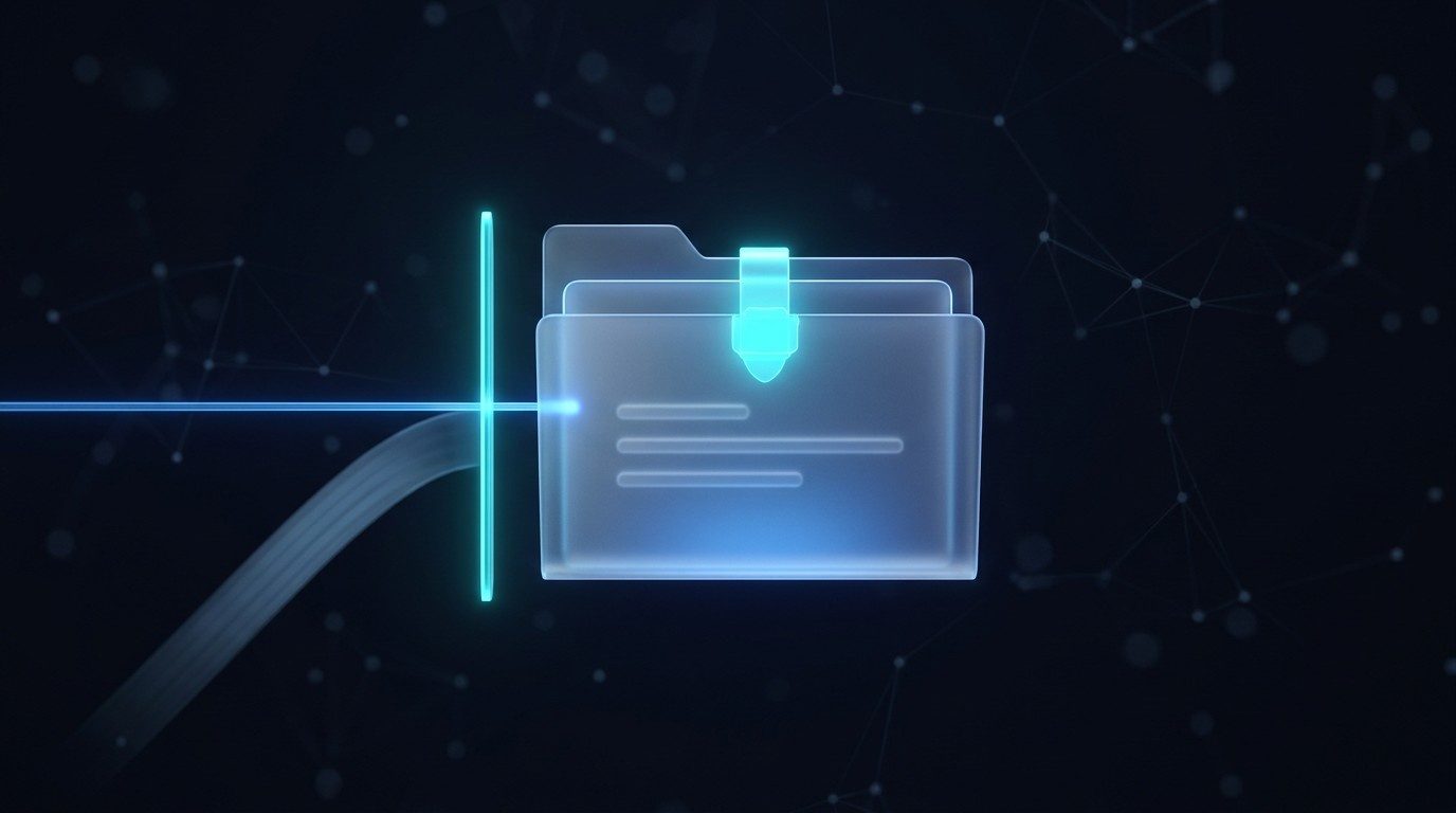 File folder secured with a padlock behind a vertical barrier of light that deflects an incoming stream of data