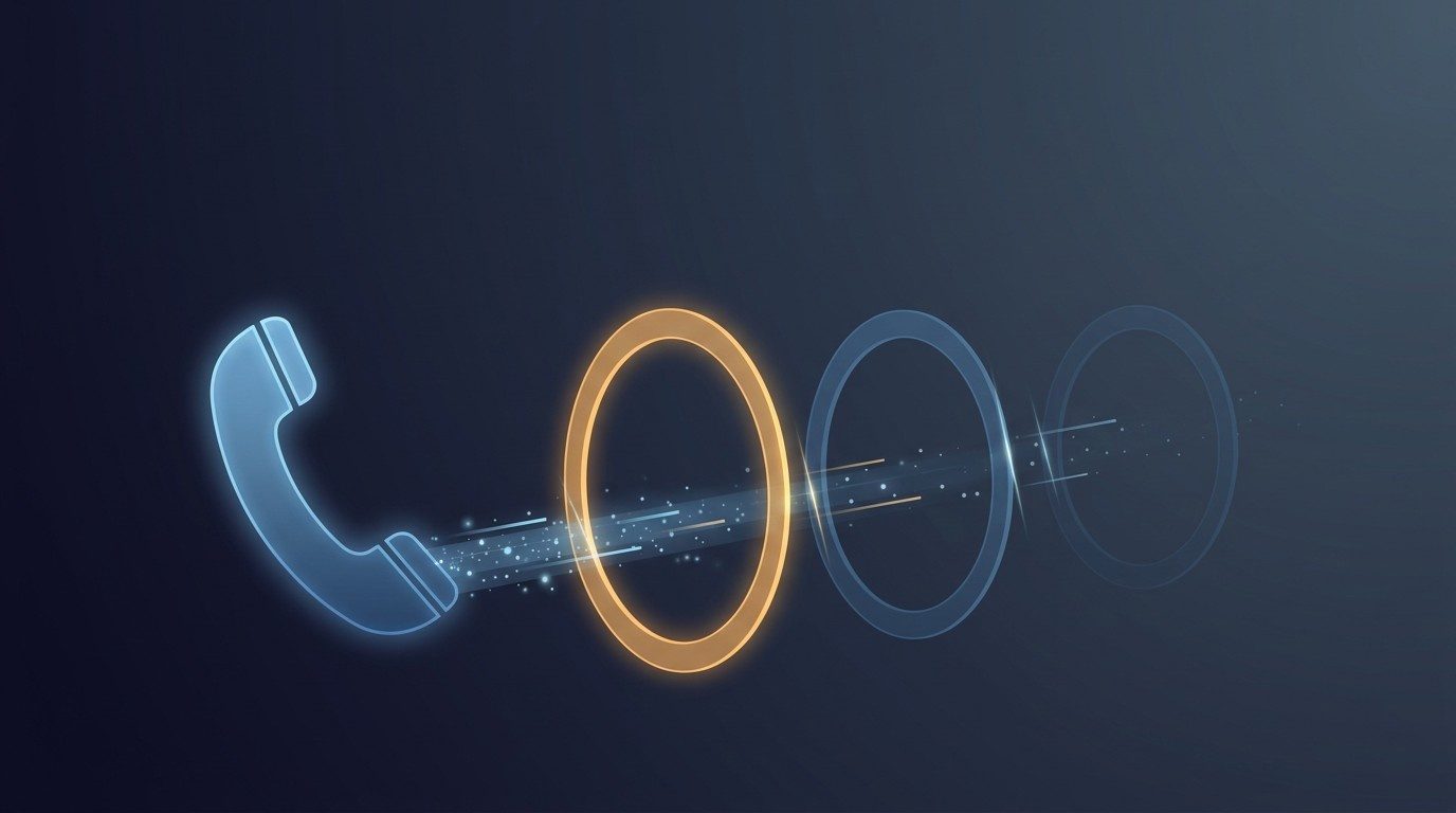 Ein Telefonhörer, von dem ein Datenstrom durch drei geschlossene Siegelringe läuft, deren erster deutlich heller leuchtet als die beiden dahinter