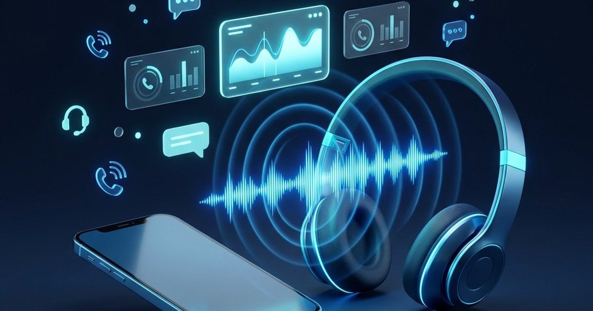 Headphones and a smartphone with a blue sound wave, overlaid by floating tiles showing call statistics and speech bubbles