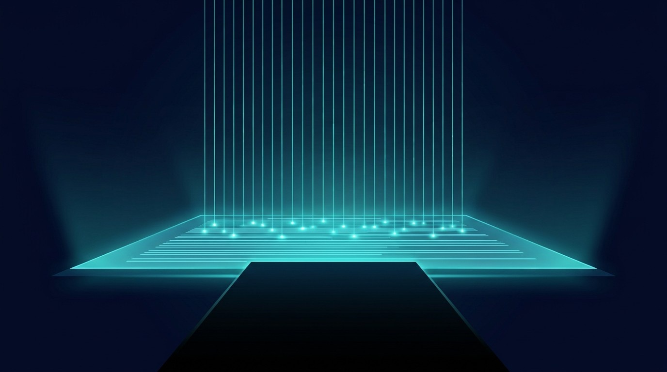 A glowing surface of text lines is scanned from above by vertical beams of light while the path in front of it leads unlit into darkness