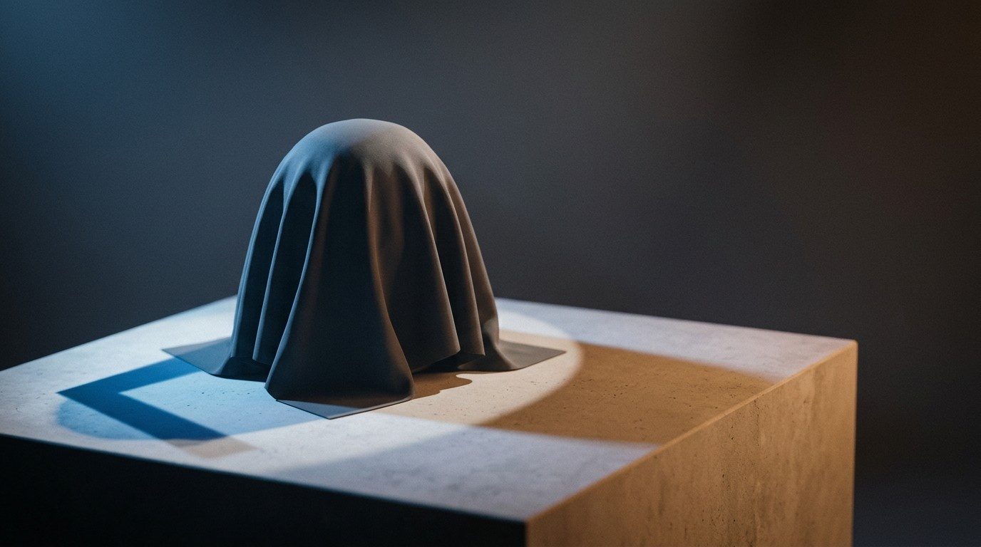 Ein von einem Tuch verhülltes Objekt auf einem Sockel, das zwei unterschiedlich geformte Schatten in entgegengesetzte Richtungen wirft