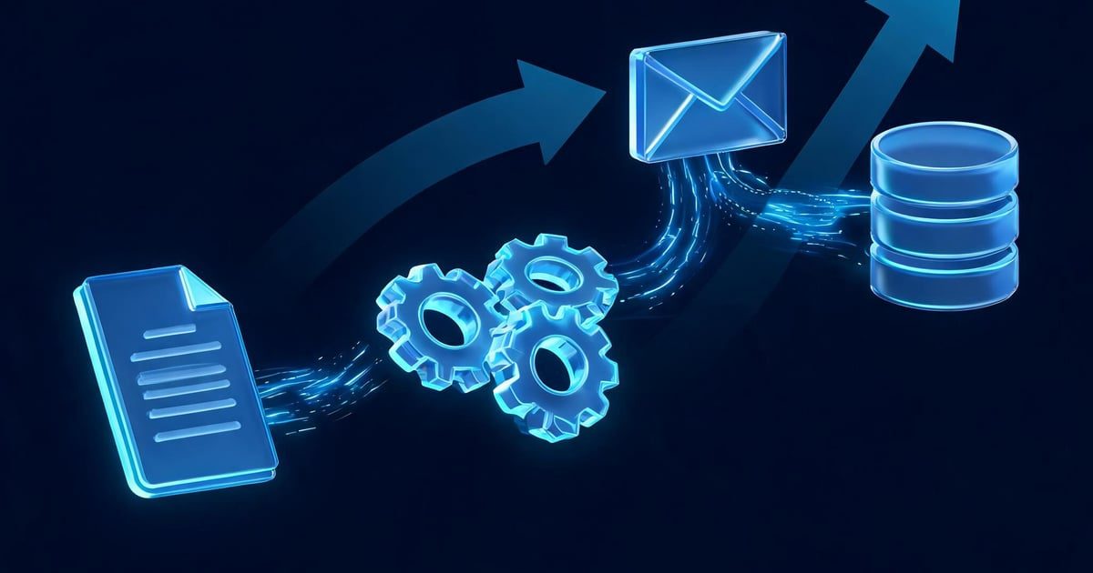 A document with data lines running through three cogwheels to an envelope and a database stack, with two rising arrows above