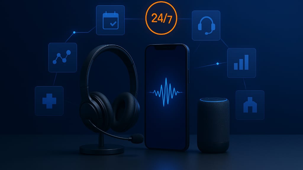 Headset, smartphone showing a blue sound wave and a smart speaker side by side, framed by calendar, 24/7 and analytics icons