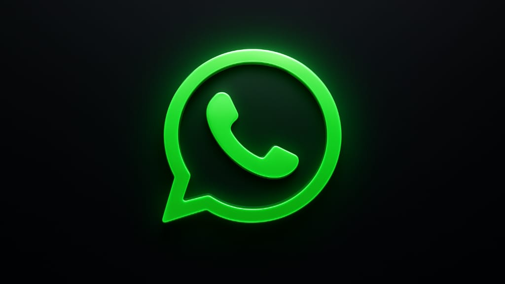 Glowing green WhatsApp mark, a telephone handset inside a speech bubble, on a black background