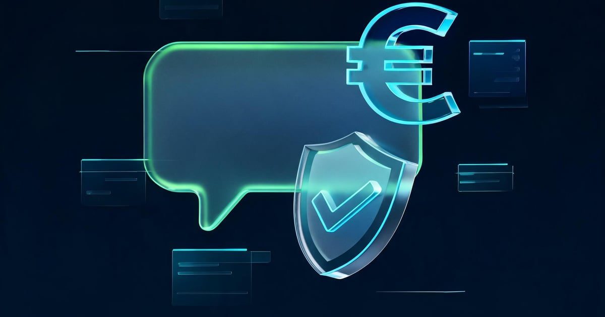 Large speech bubble outlined in glowing green, with a shield bearing a checkmark in front and a euro sign beside it